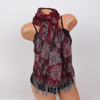 Image 1 of Дамски шал в тъмночервено с рози и ресни