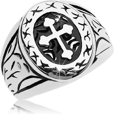 Šperky eshop prsten stříbrné chirurgická ocel velký ovál s jetelovým křížem AB35.08