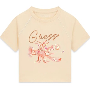 GUESS Бежова тениска за момиче с бродиран надпис Guess и омар с пайети