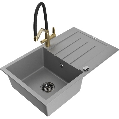 Mexen Bruno кухненска мивка гранитна 1-камерна с отцедник и кухненски смесител Duo, сив - 6513-71-671701-57-B (6513-71-671701-57-B)