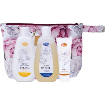 Pleva Dětská kosmetika Dětský mycí gel s heřmánkem a medem 200 g + Dětský celotělový balzám s medem a heřmánkem 200 g + Přírodní gel s propolisem 50 g taštička pivoňky