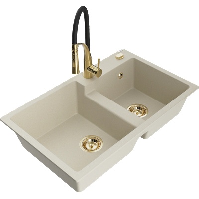 Mexen Tomas гранитна мивка с 2 камери с кухненски смесител Aster, бежов - 6516-69-73450-57-G (6516-69-73450-57-G)