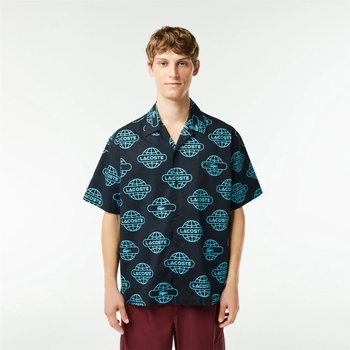 Image 1 of Lacoste Риза с къс ръкав Lacoste Men's Globe Print Cotton Short Sleeve Relaxed Fit Shirt - Black/Cove