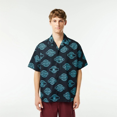 Lacoste Риза с къс ръкав Lacoste Men's Globe Print Cotton Short Sleeve Relaxed Fit Shirt - Black/Cove