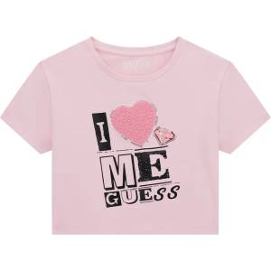 GUESS Къса розова тениска за момиче с бродирани детайли и пайети Guess