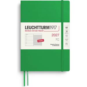 Leuchtturm1917 Weekly Calendar 2027 Medium (A5) with Notebook, Lined - English Appointment Planner, Spring Leaf, Softcover, 145 x 210 mm, January-December 2027, Weekly Overview on the Left + Notes Page on the Right 