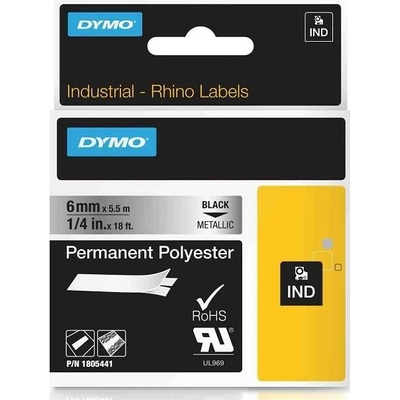 DYMO permanentní polyesterová páska RHINO D1 6 mm x 5,5 m, černá na metalické, 1805441