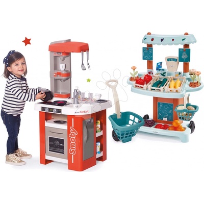 Smoby Set kuchyňka elektronická Tefal Studio 360° a zeleninový Bio stánek s vozíkem Vert Azur