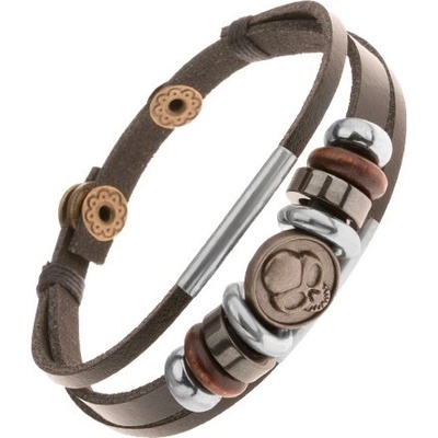 Šperky eshop Nastaviteľný kožený náramok z troch pásov korálky oceľový kruh s lebkou Y46.08