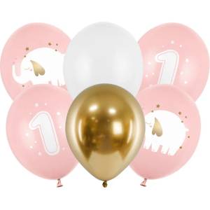 PartyDeco Латексови балони - Първи рожден ден, розово слонче, 6 бр