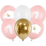 PartyDeco Латексови балони - Първи рожден ден, розово слонче, 6 бр