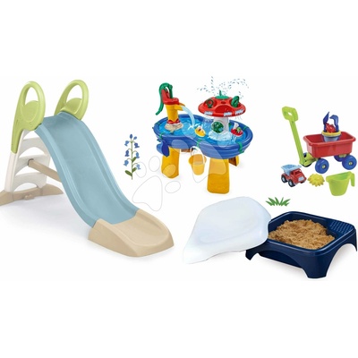 Smoby Set šmykľavka s vodnou hrou a pieskovisko so sedadlom Toboggan GM Slide Life 150 cm a vodná dráha stôl s vozíkom na ťahanie
