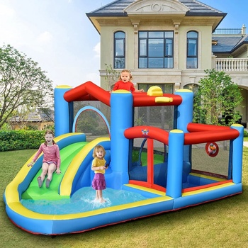 Costway Nafukovací skákací hrad so šmykľavkou a bazénom, vonkajší skákací hrad, vodný park pre deti vrátane tašky na prenášanie 410 x 310 x 191 cm