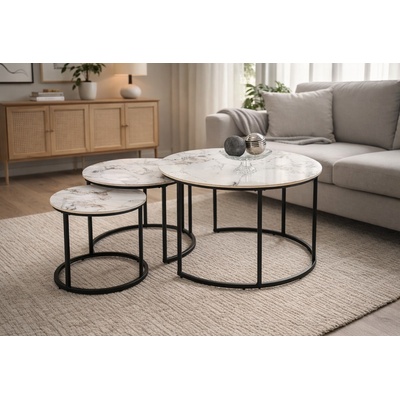 ЕВРОМАР Комплект три холни маси gilda бял мрамор / черно