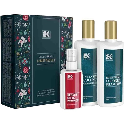 Brazil Keratin Coconut uhladzujúci sprej pre tepelnú úpravu vlasov 100 ml + šampón pre poškodené vlasy 300 ml + kondicionér pre poškodené vlasy 300 ml kozmetická sada