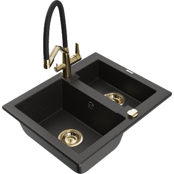 Mexen Carlos гранитна мивка 1, 5-компартиментна с кухненски смесител Duo, черен/златист металик - 6518-75-671701-57-G (6518-75-671701-57-G)