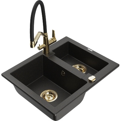 Mexen Carlos гранитна мивка 1, 5-компартиментна с кухненски смесител Duo, черен/златист металик - 6518-75-671701-57-G (6518-75-671701-57-G)