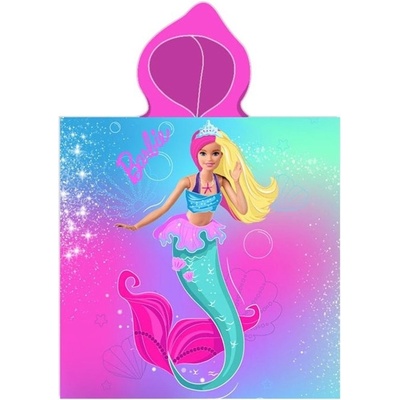 Carbotex Dievčenské plážové pončo osuška s kapucňou Barbie motív Morská panna 50 x 115 cm