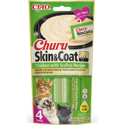 INABA Cat Ciao Churu Skin & Coat кремообразна храна за котки - пилешко, миди 4 x
