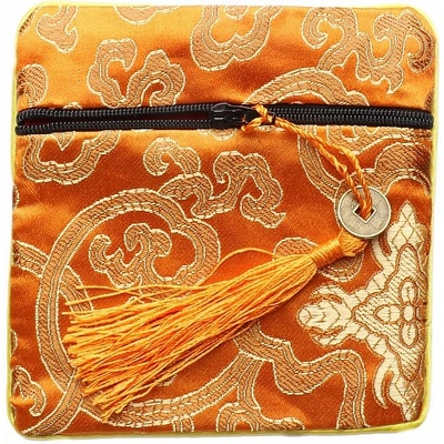 Nefertitis Brokátový sáček oranžový se zipem a mincí pro štěstí 12x12 cm NF12723 - cca 12 x 12 cm
