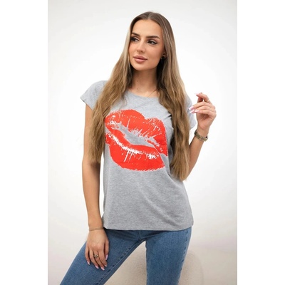 Blouse with gray lip print šedá