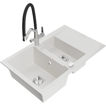 Mexen Gaspar гранитна мивка 1, 5-камерна с отцедник и кухненски смесител Duo, бял - 6507-20-671701-07 (6507-20-671701-07)