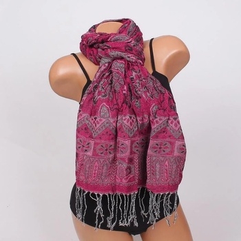 Image 1 of Наситено розов шал с цветя и фигури