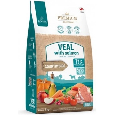 POKUSA Premium Selection Countryside - храна за пораснали кучета от всички породи, хипоалергенна формула, без зърно, с телешко и сьомга, 3 кг - Полша