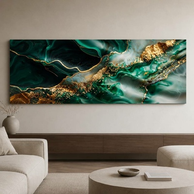 Obraz na plátně - Emeraldové pozlacené vlnky FeelHappy.cz Vyberte rozměr obrazu (šířka x výška): 210 x 70 cm