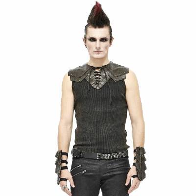 мъжки потник DEVIL FASHION - Vertigo пънк елек с кожени участъци - Кафяв - TT16702