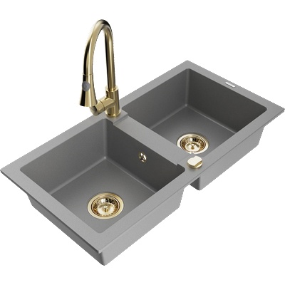 Mexen Mario гранитна мивка с две корита с кухненски смесител Elia, сив - 6504-71-670101-50 (6504-71-670101-50)