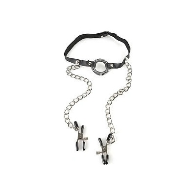 Fetish Fantasy Kroužkový roubík se skřipci na bradavky O Ring Gag Nipple Clamps