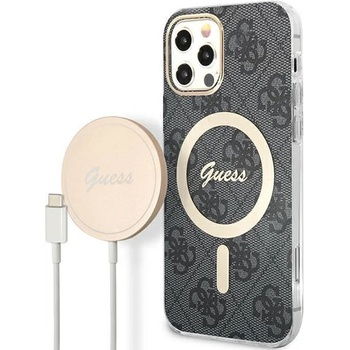 GUESS Комплект безжично зарядно устройство и кейс Guess GUBPP12MH4EACSK за iPhone 12/12 Pro, черен / черен, твърд, съвместим с MagSafe, 4G Print (GUE002541-0)