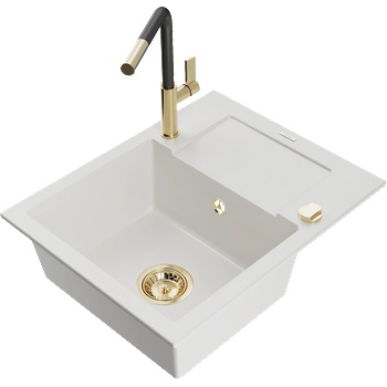 Mexen Enzo мивка за кухня с една камера и с отцедник и кухненски смесител Flora, бял - 6506-20-670401-57-G (6506-20-670401-57-G)