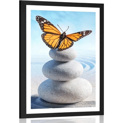 Plakát s paspartou rovnováha kamenů a motýl - 40x60 white