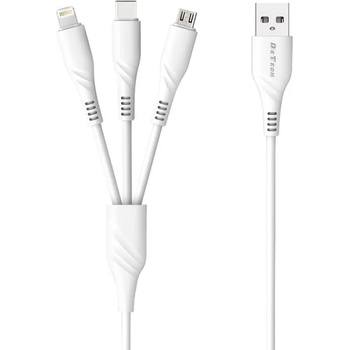 DeTech Кабел за зареждане DeTech DE-C40, 3 в 1, Micro USB, Lightning, Type-C, 1.0m, Бял - 40203