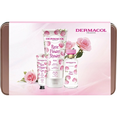 Dermacol Flower Care Růže sprchový krém 200 ml + krém na ruky 30 ml + EDP 50 ml + plechová krabička darčeková sada