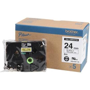 Brother HGe-651, 24mm x 8m, 5 бр, черен печат / жълт фон, оригинална лента (HGE651V5)