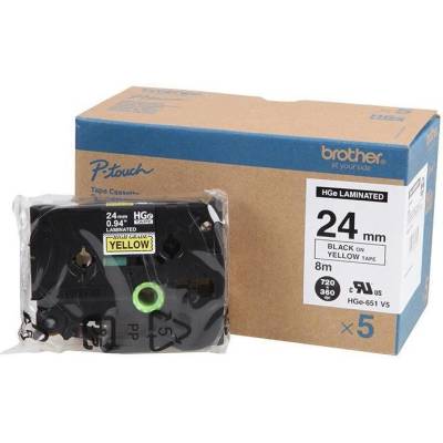 Brother HGe-651, 24mm x 8m, 5 бр, черен печат / жълт фон, оригинална лента (HGE651V5)