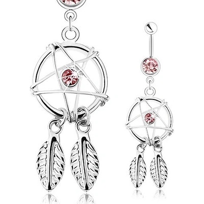 Šperky eshop ocelový piercing do bříška lapač snů s pírky a růžovým zirkonem SP33.10
