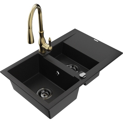 Mexen Gaspar гранитна мивка за вграждане с 1, 5 камери с отцедник и кухненски смесител Savita, черен - 6507-77-672601-50-B (6507-77-672601-50-B)