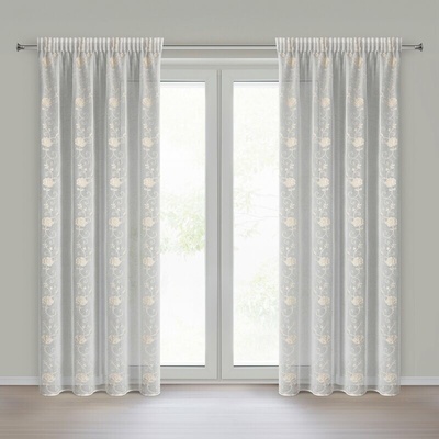 Záclona ROZALIA s béžovou výšivkou a riasiacou páskou 140x270cm - biela