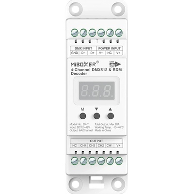 Mi-Light DMX 512 dekodér na DIN lištu D4-T pro RGBW pásky 4-kanál 20A DC12-48V