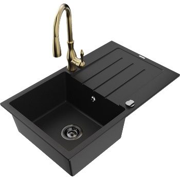 Mexen Bruno гранитна мивка с 1 отделение със сушилня и кухненски смесител Savita, черен - 6513-77-672601-50-B (6513-77-672601-50-B)