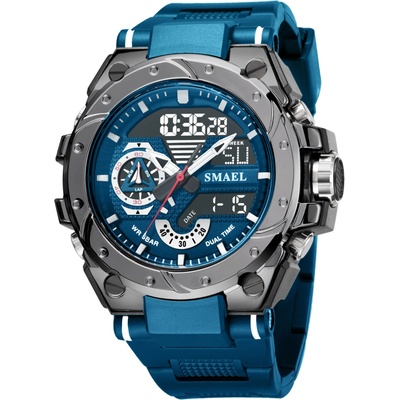 SMAEL Спортен мъжки часовник Smael Sport Shock, Двойно време, Хронограф, LED Подсветка, Син / Черен (SMAEL-8060-BLUE-BLACK)