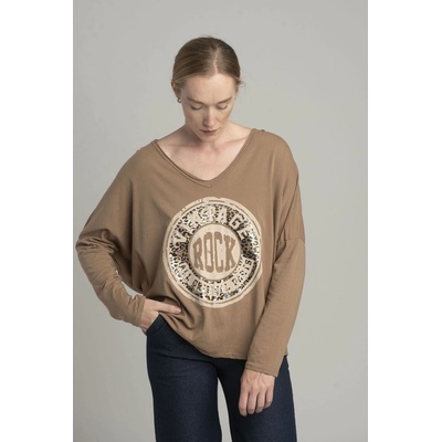 Camel oversize blouse with a shiny print hnedá