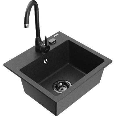 Mexen Milo кухненска мивка от гранит с 1 отделение с кухненски смесител Telma, черен на пръски - 66505-76-670200-70-B (66505-76-670200-70-B)