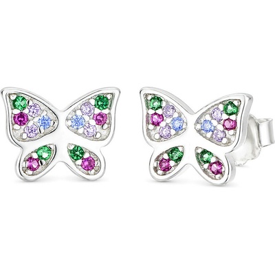 Argento Strieborné náušnice motýľ, farebné okrúhle zirkóny 67570
