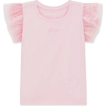 GUESS Розова тениска за мини момиче с шифонени ръкави и бродиран надпис Guess