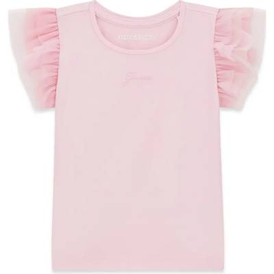 GUESS Розова тениска за мини момиче с шифонени ръкави и бродиран надпис Guess